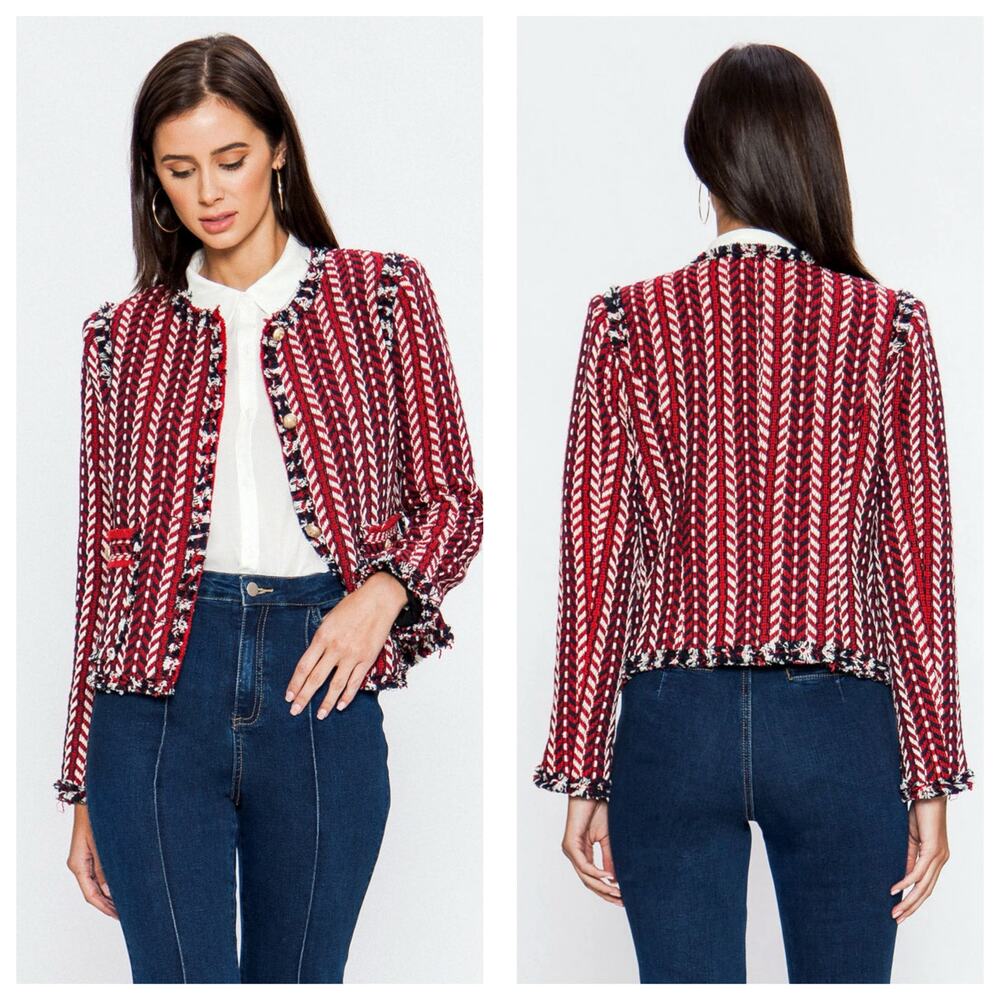 Vici Waltham Red Tweed Jacket Medium Gold Buttons Preppy Chic Pockets